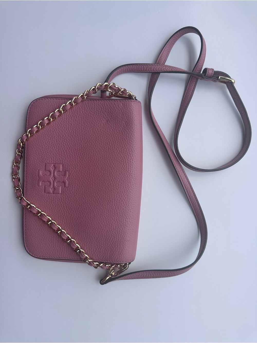 Tory Burch Thea-Rose Pink Pebbled Leather Chain-Trim Crossbody